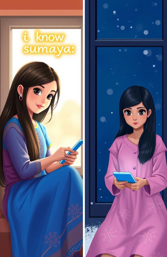 A heartwarming scene depicting two beautiful girls separated by distance yet connected through technology