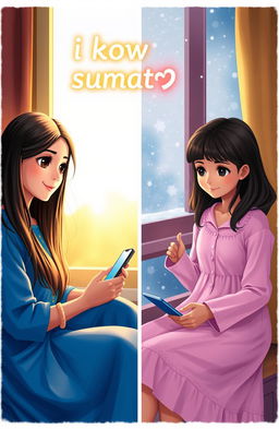 A heartwarming scene depicting two beautiful girls separated by distance yet connected through technology
