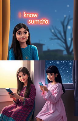 A heartwarming scene depicting two beautiful girls separated by distance yet connected through technology