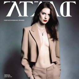 Super-photorealistic model with brown hair, pale skin, and striking eyes dressed in Zara attire