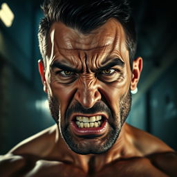 A powerful and intense portrait of an angry man, showcasing raw emotion and strength