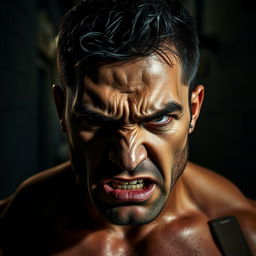 A powerful and intense portrait of an angry man, showcasing raw emotion and strength