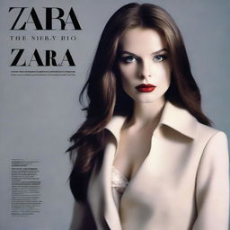 Super-photorealistic model with brown hair, pale skin, and striking eyes dressed in Zara attire