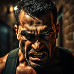 A powerful and intense portrait of an angry man, showcasing raw emotion and strength