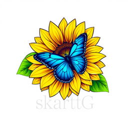 A logo design featuring a sunflower with vibrant yellow petals, intricate details, and a dynamic appearance