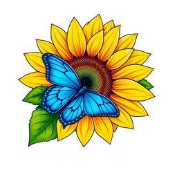 A logo design featuring a sunflower with vibrant yellow petals, intricate details, and a dynamic appearance