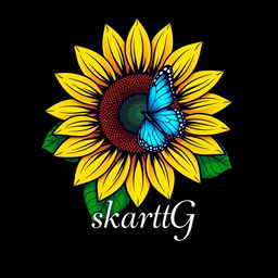 A logo design featuring a sunflower with vibrant yellow petals, intricate details, and a dynamic appearance