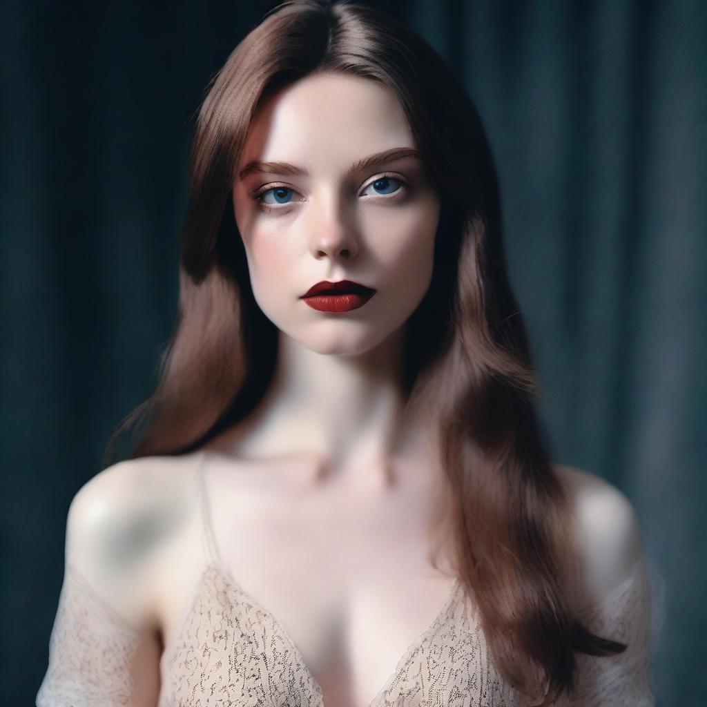 Super-photorealistic image of a model from head to waist with brown hair, pale skin, and alluring eyes looking straight at the camera