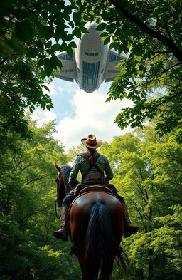 A bold cowboy wearing a weathered hat and rugged leather boots rides a sturdy horse through an expansive forest filled with dense, lush trees
