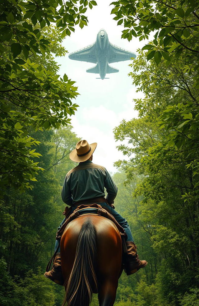 A bold cowboy wearing a weathered hat and rugged leather boots rides a sturdy horse through an expansive forest filled with dense, lush trees