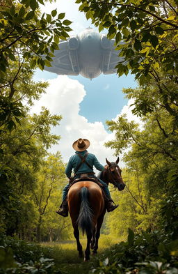 A bold cowboy wearing a weathered hat and rugged leather boots rides a sturdy horse through an expansive forest filled with dense, lush trees