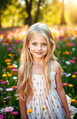 A beautiful white girl with long blonde hair and striking green eyes, wearing a flowing summer dress in a sunlit meadow