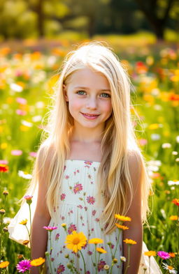 A beautiful white girl with long blonde hair and striking green eyes, wearing a flowing summer dress in a sunlit meadow