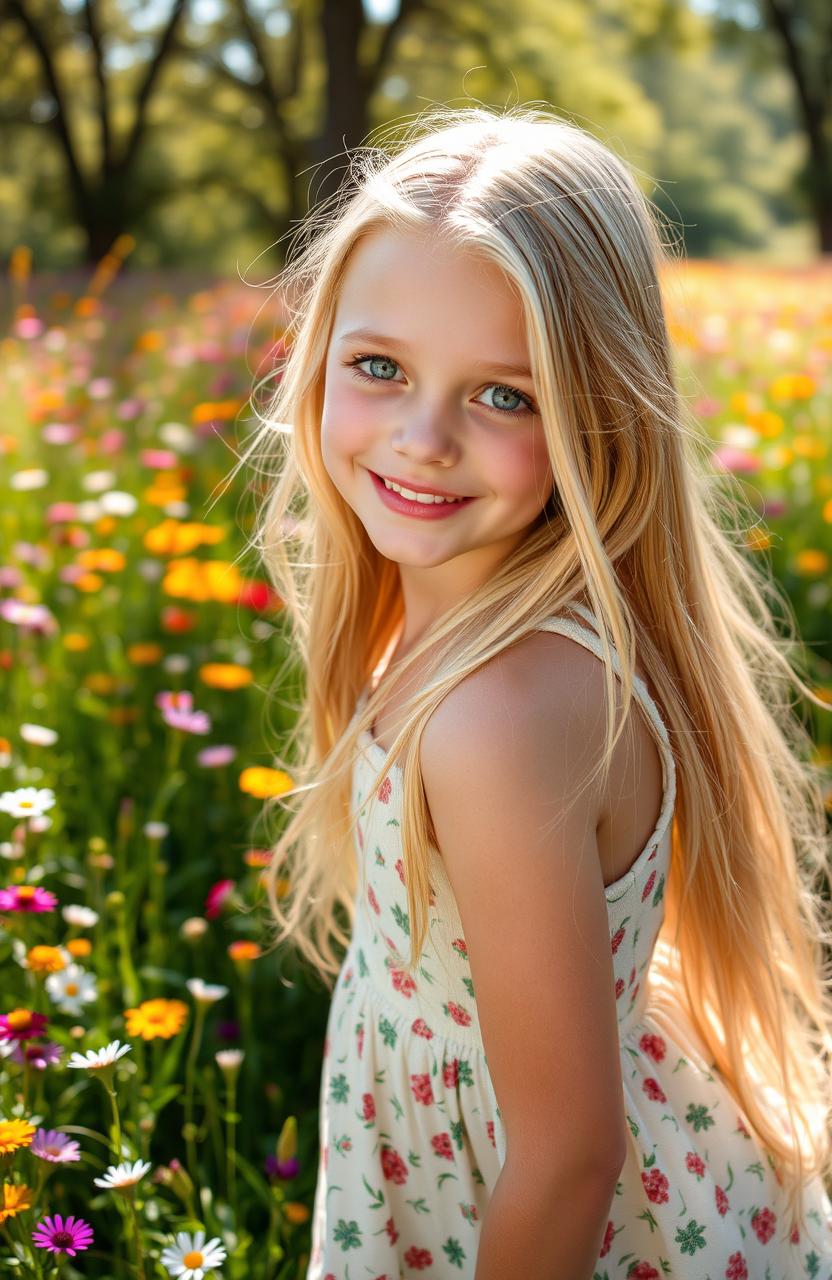 A beautiful white girl with long blonde hair and striking green eyes, wearing a flowing summer dress in a sunlit meadow