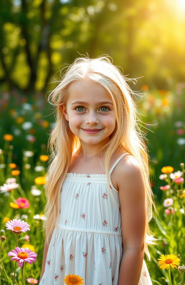 A beautiful white girl with long blonde hair and striking green eyes, wearing a flowing summer dress in a sunlit meadow