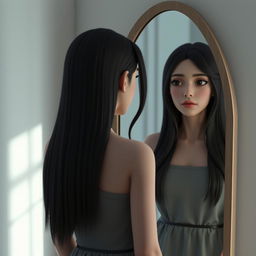 A 3D rendering of a woman standing in front of a mirror, gazing at her reflection with a melancholic expression