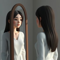 A 3D rendering of a woman standing in front of a mirror, gazing at her reflection with a melancholic expression