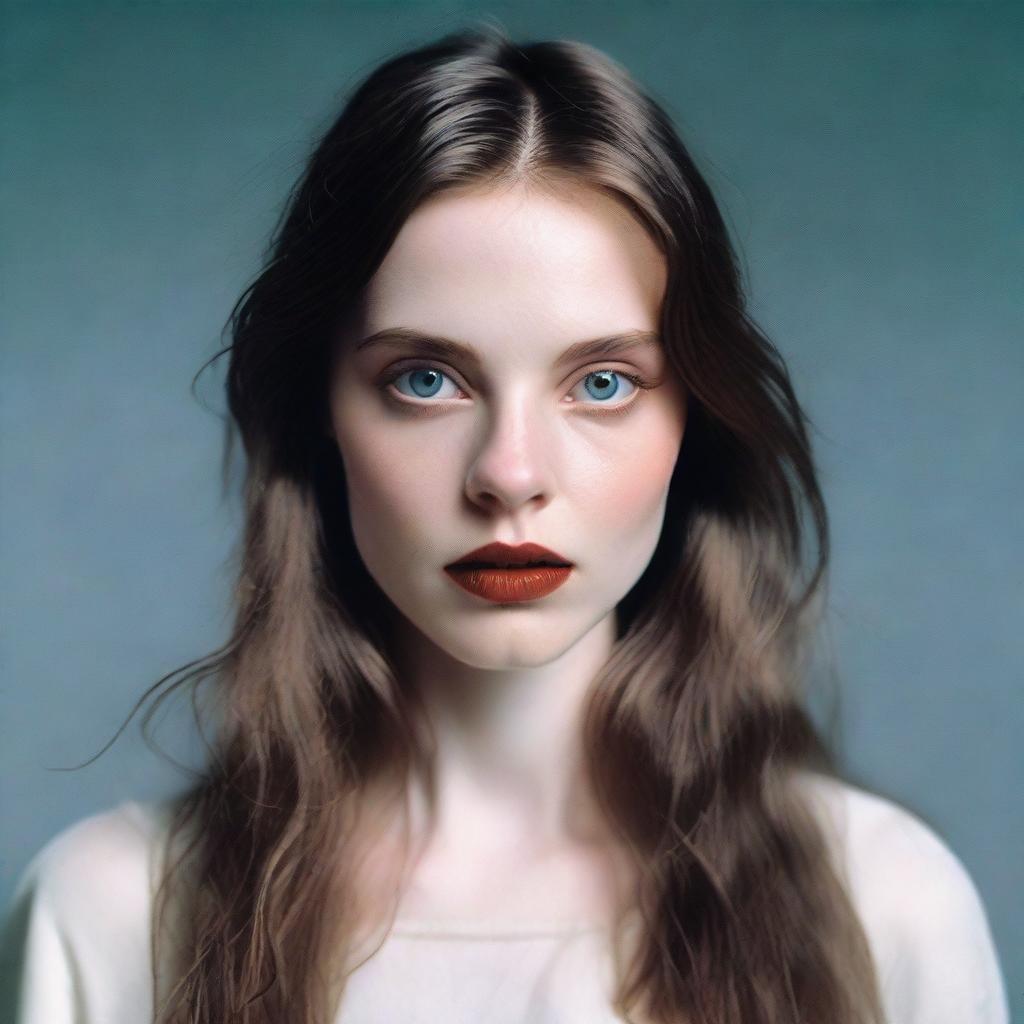 Super-photorealistic image of a model from head to waist with brown hair, pale skin, and alluring eyes looking straight at the camera