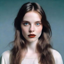 Super-photorealistic image of a model from head to waist with brown hair, pale skin, and alluring eyes looking straight at the camera