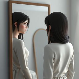 A 3D rendering of a woman standing in front of a mirror, gazing at her reflection with a melancholic expression