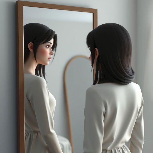 A 3D rendering of a woman standing in front of a mirror, gazing at her reflection with a melancholic expression