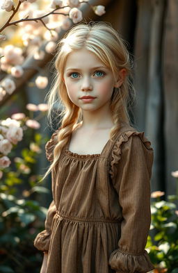 A beautiful young white girl with blonde hair and green eyes, wearing an old, shabby brown dress