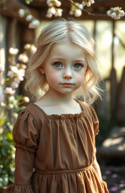 A beautiful young white girl with blonde hair and green eyes, wearing an old, shabby brown dress