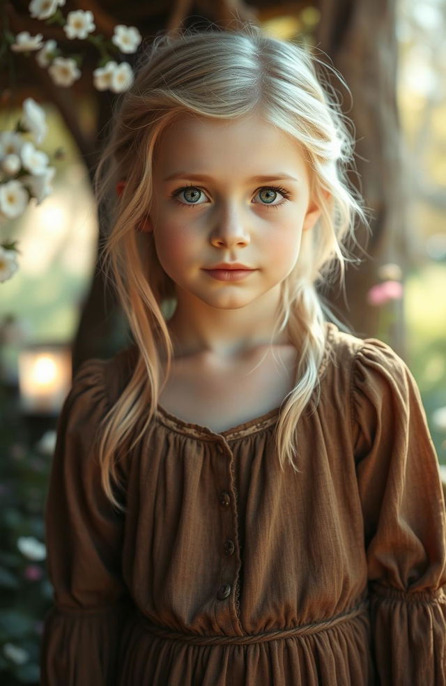 A beautiful young white girl with blonde hair and green eyes, wearing an old, shabby brown dress