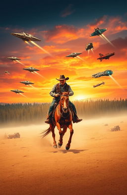 A rugged cowboy in a classic cowboy hat and leather boots gallops on a gallant horse across a wide desert landscape, his gaze focused ahead