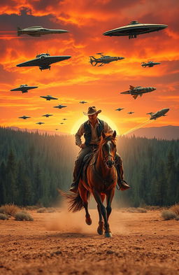 A rugged cowboy in a classic cowboy hat and leather boots gallops on a gallant horse across a wide desert landscape, his gaze focused ahead
