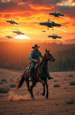 A rugged cowboy in a classic cowboy hat and leather boots gallops on a gallant horse across a wide desert landscape, his gaze focused ahead