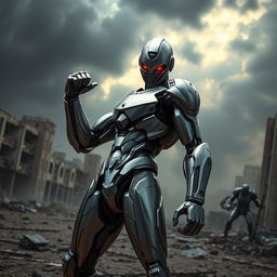 A futuristic cyborg with a gleaming metal exoskeleton and glowing red eyes, standing in an apocalyptic urban setting