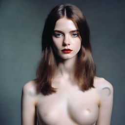 Super-photorealistic image of a model from head to waist with brown hair, pale skin, and alluring eyes looking straight at the camera