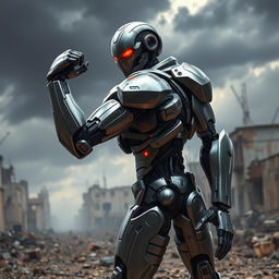 A futuristic cyborg with a gleaming metal exoskeleton and glowing red eyes, standing in an apocalyptic urban setting