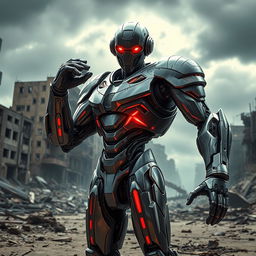 A futuristic cyborg with a gleaming metal exoskeleton and glowing red eyes, standing in an apocalyptic urban setting