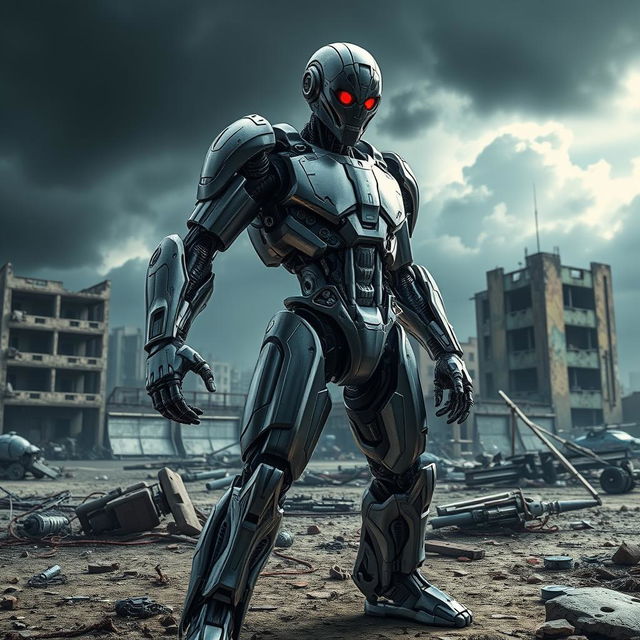 A futuristic cyborg with a gleaming metal exoskeleton and glowing red eyes, standing in an apocalyptic urban setting