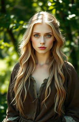 A beautiful white woman with long blonde hair and striking green eyes, dressed in old, tattered clothing that is brown in color