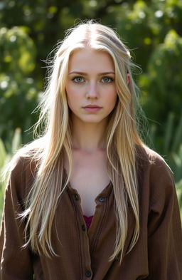 A beautiful white woman with long blonde hair and striking green eyes, dressed in old, tattered clothing that is brown in color