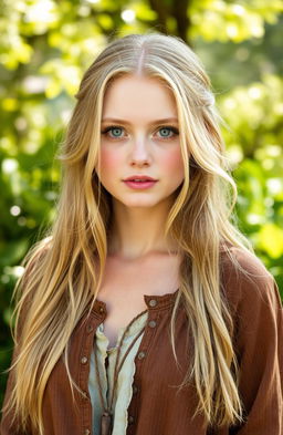 A beautiful white woman with long blonde hair and striking green eyes, dressed in old, tattered clothing that is brown in color