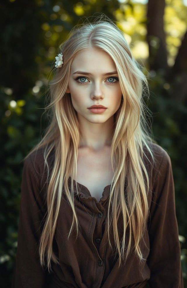 A beautiful white woman with long blonde hair and striking green eyes, dressed in old, tattered clothing that is brown in color