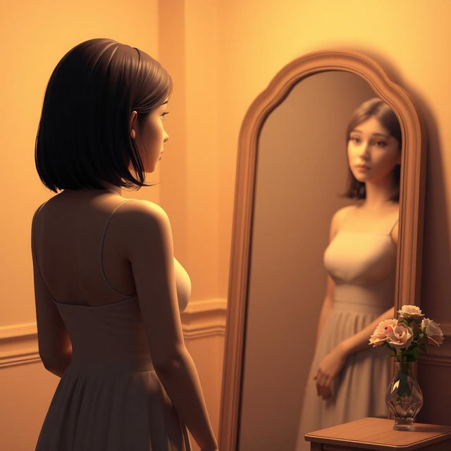 A 3D rendering of a woman standing in front of a mirror, gazing at her reflection with a sorrowful expression