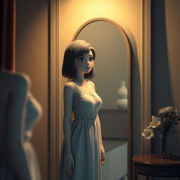 A 3D rendering of a woman standing in front of a mirror, gazing at her reflection with a sorrowful expression