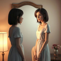 A 3D rendering of a woman standing in front of a mirror, gazing at her reflection with a sorrowful expression