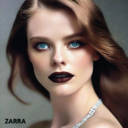 A super-photorealistic portrait of a model with pale skin, brown hair, dazzling eyes and a femme fatale look