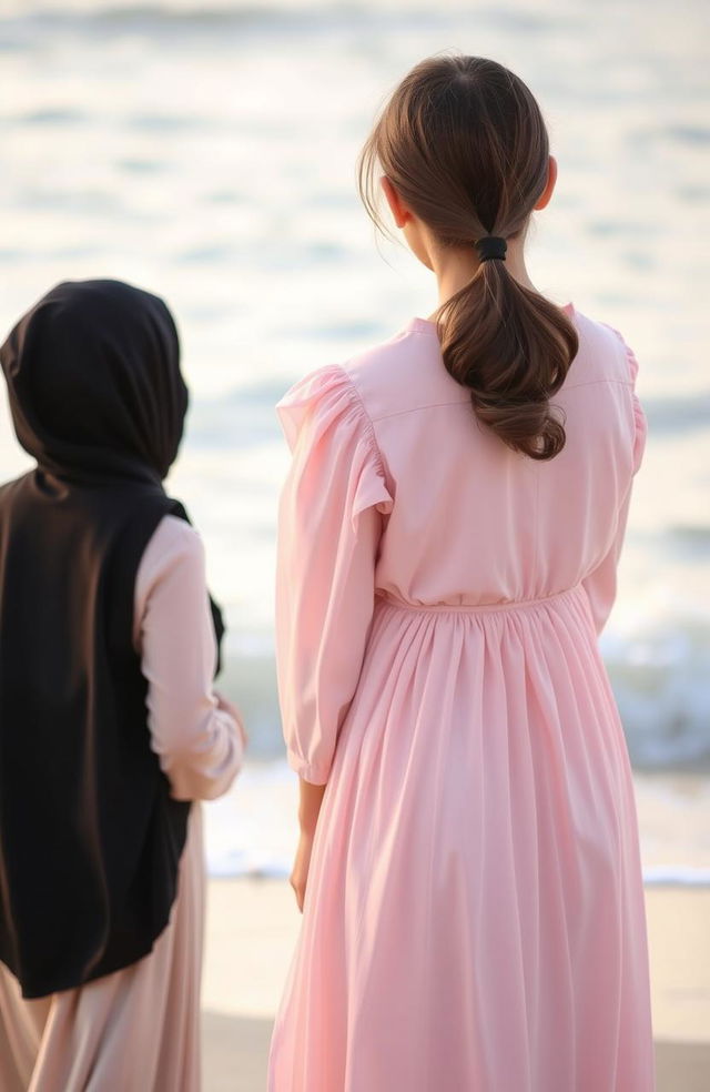 Two girls standing together in a serene beach setting, facing the sea