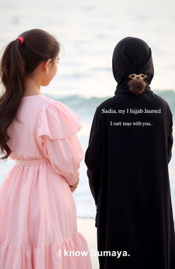 Two girls standing together in a serene beach setting, facing the sea