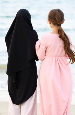 Two girls standing together in a serene beach setting, facing the sea