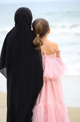 Two girls standing together in a serene beach setting, facing the sea