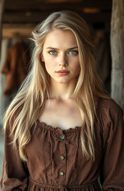 A beautiful white woman with long blonde hair and striking green eyes, wearing an old, modest, and tattered brown dress that signifies her modesty and dignity
