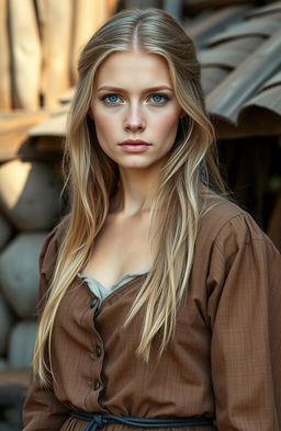 A beautiful white woman with long blonde hair and striking green eyes, wearing an old, modest, and tattered brown dress that signifies her modesty and dignity